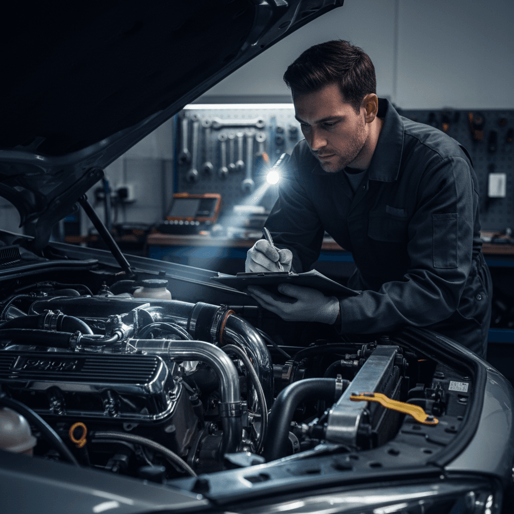 Technician performing detailed vehicle inspection