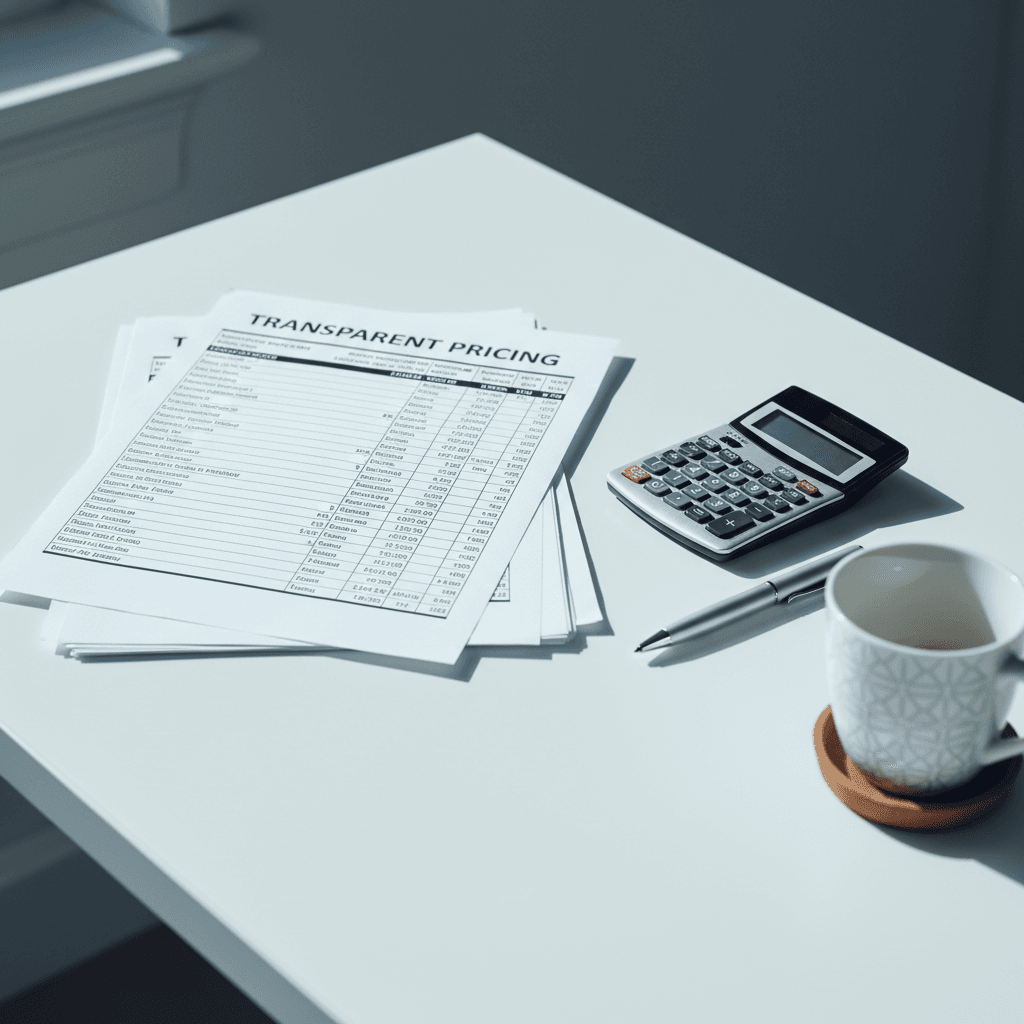 Transparent pricing documents displayed on desk