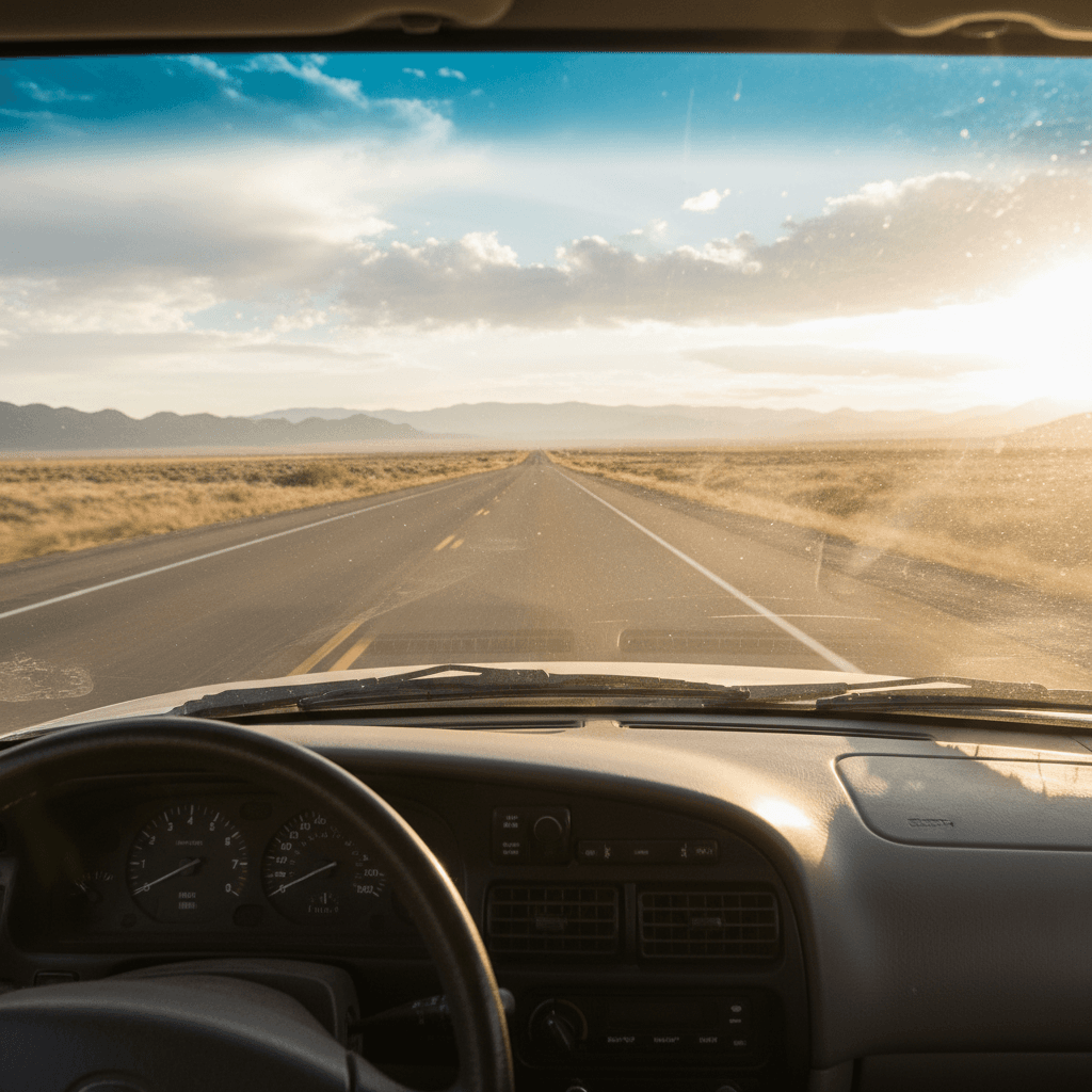 View from driver's seat during test drive on open road