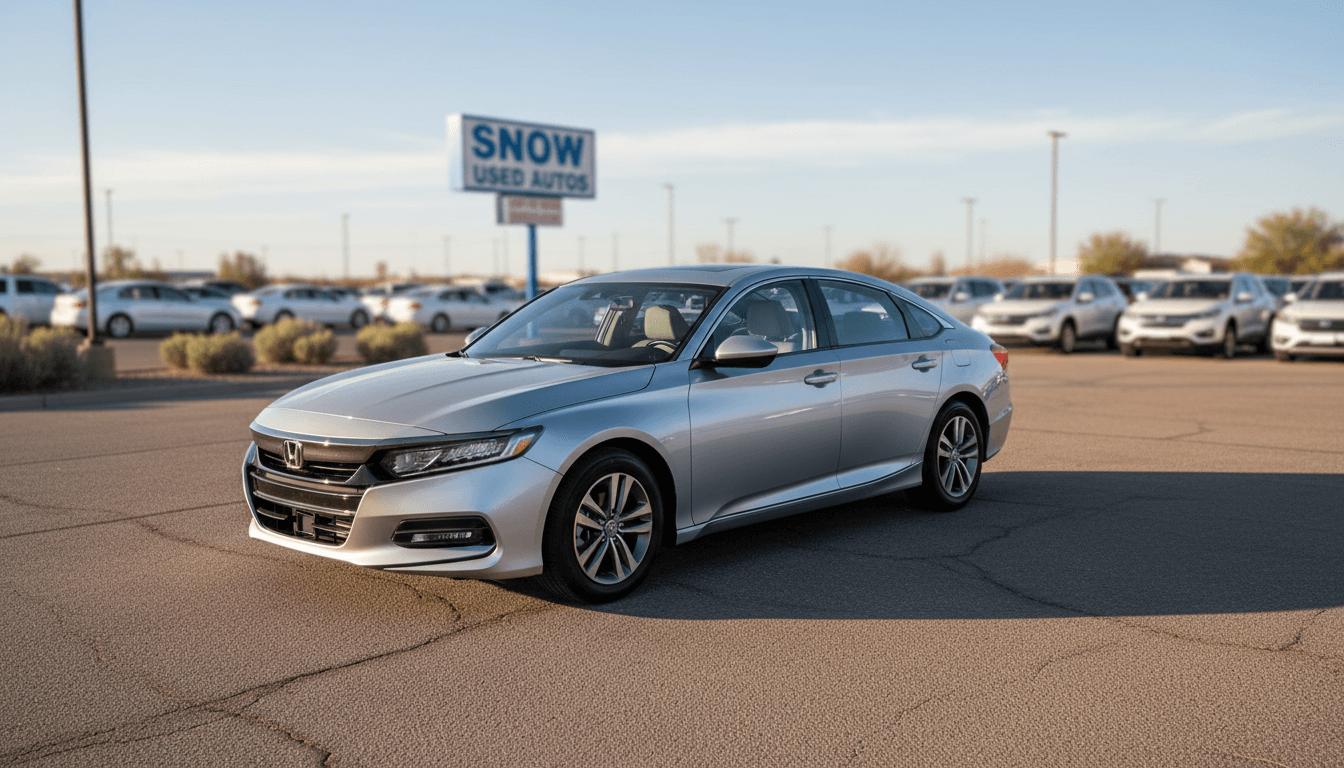 Clean used sedan parked at Snow Used Autos lot in Fillmore, Utah