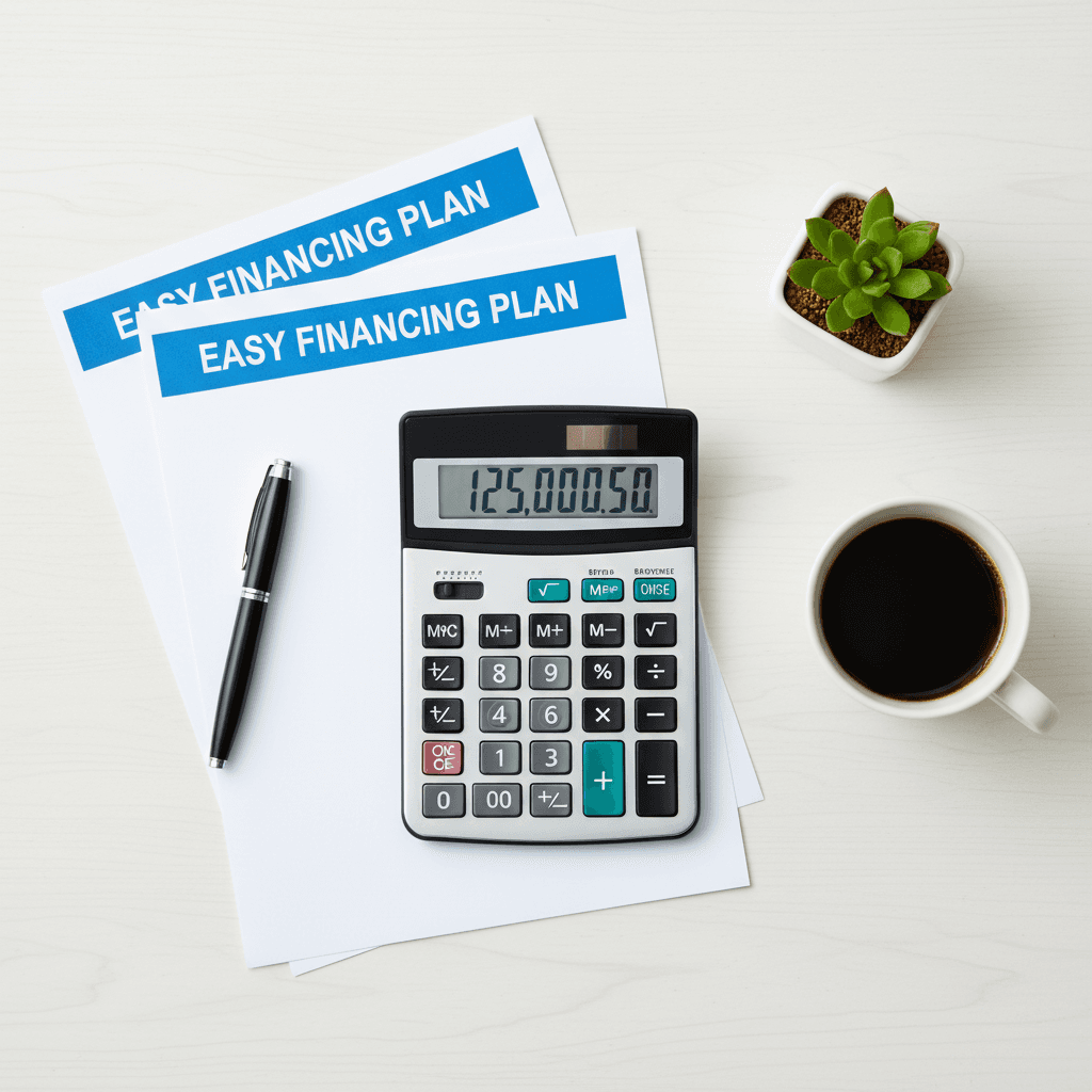 Financing documents and calculator arranged on desk
