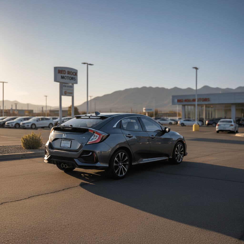 Compact hatchback displayed on dealership lot