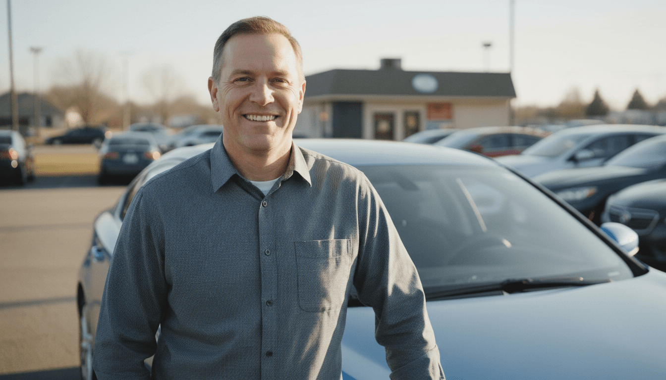 Friendly used car dealer smiling in front of vehicle at Fillmore dealership
