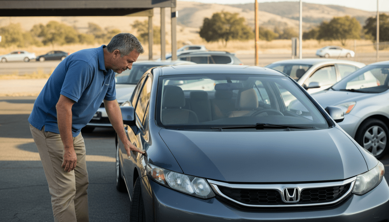 Customer inspecting a reliable used vehicle at Snow Used Autos in Fillmore